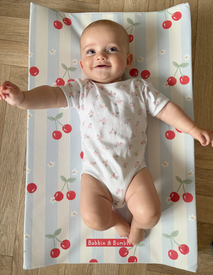 Bobbin and Bumble Anti-Roll Wedge Baby Changing Mat - Cherry Stripe