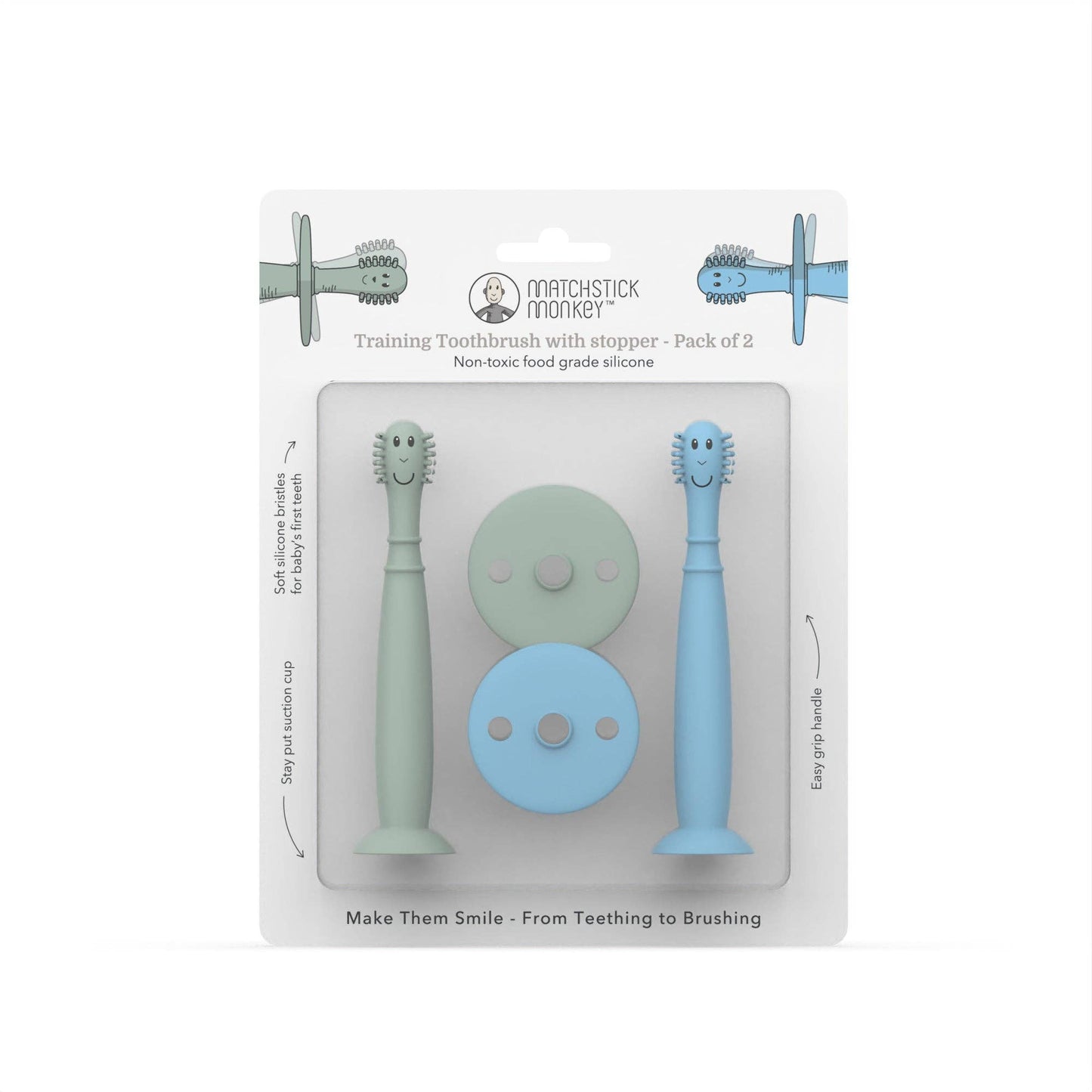 Matchstick Monkey Training Toothbrush with Stopper - Mint Green and Light Blue