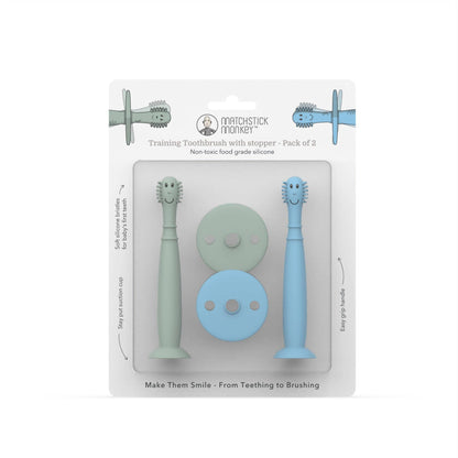 Matchstick Monkey Training Toothbrush with Stopper - Mint Green and Light Blue
