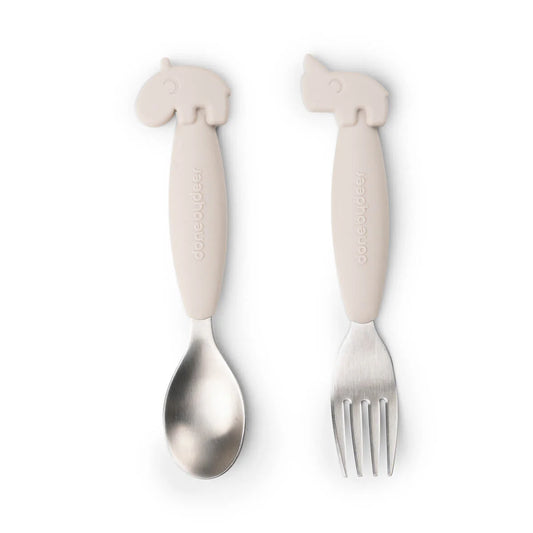Done By Deer Easy-Grip Spoon and Fork Set - Deer Friends - Sand