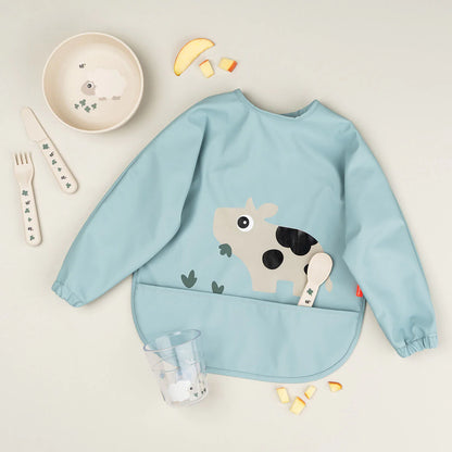 Done By Deer Sleeved Pocket Bib - Tiny Farm Blue