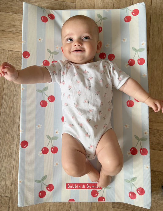 Bobbin and Bumble Anti-Roll Wedge Baby Changing Mat - Cherry Stripe